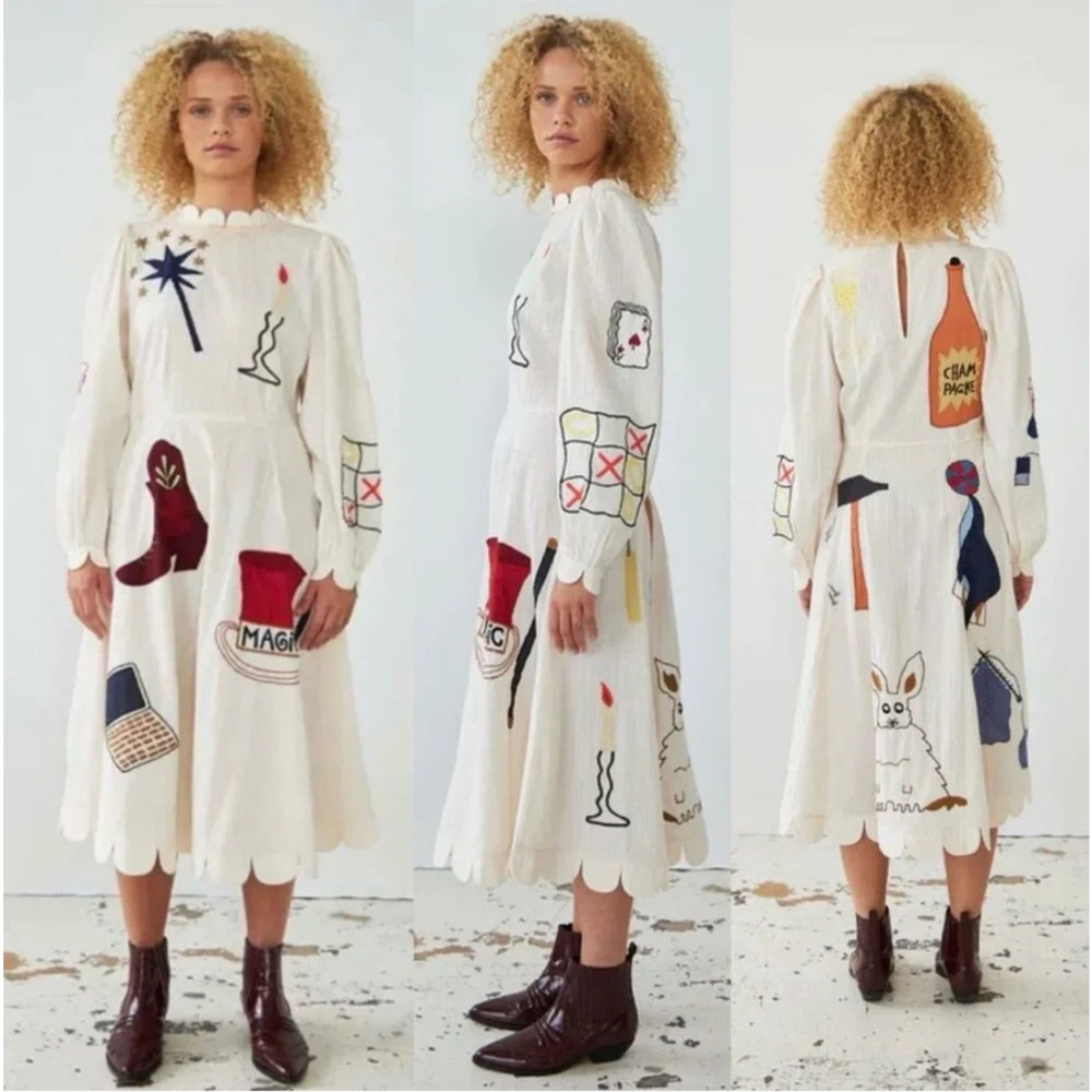 STELLA NOVA IVORY CIRCUS PRINTED APPLIQUE COTTON-SEERSUCKER MIDI DRESS SZ M US 8 - Picture 2 of 16